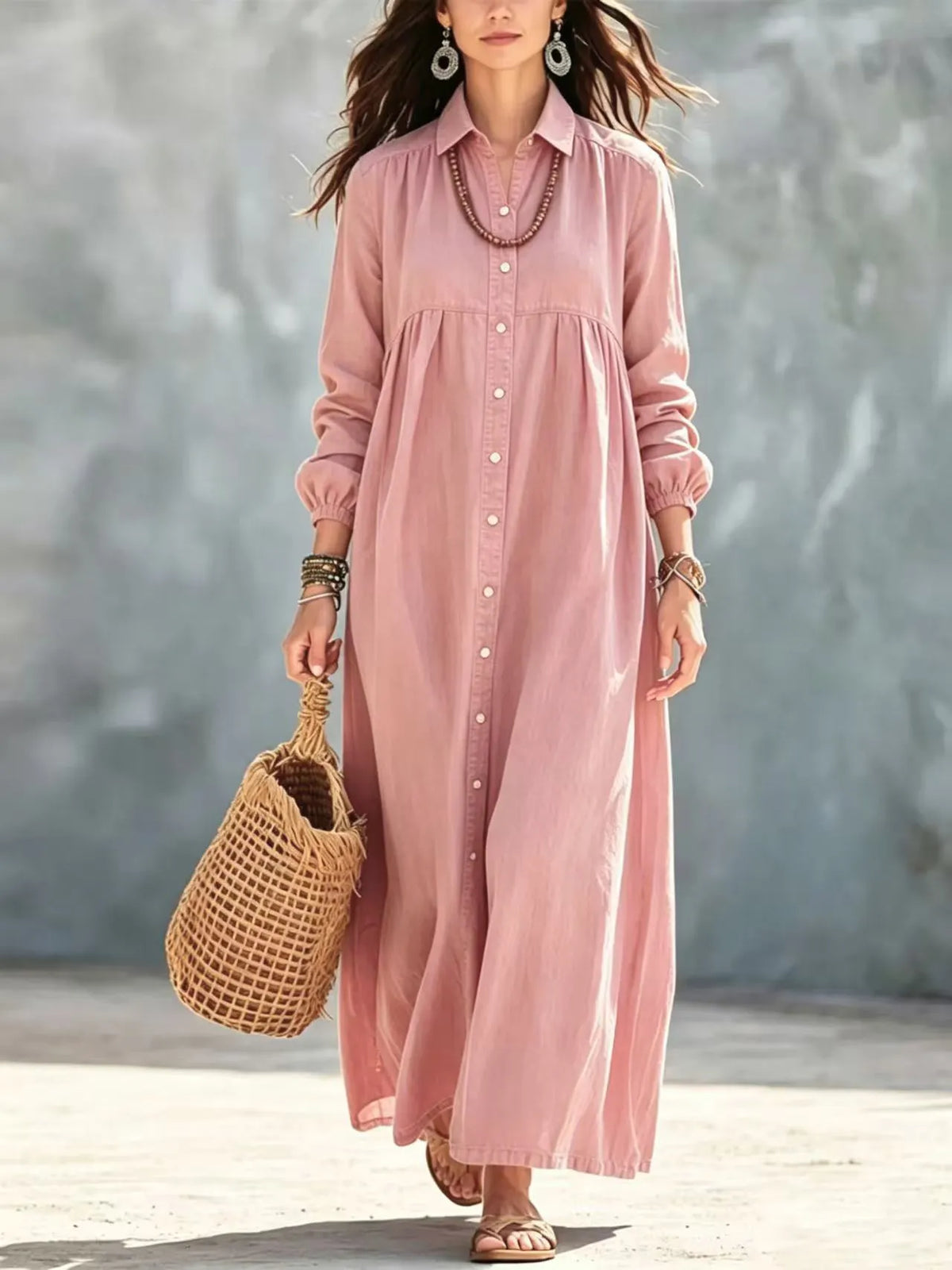 Solid Turn-Down Collar Button Down Ankle-Length Dress