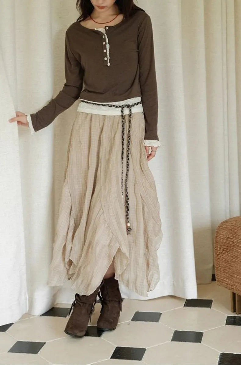 Beige Irregular Ruffled Midi Skirt