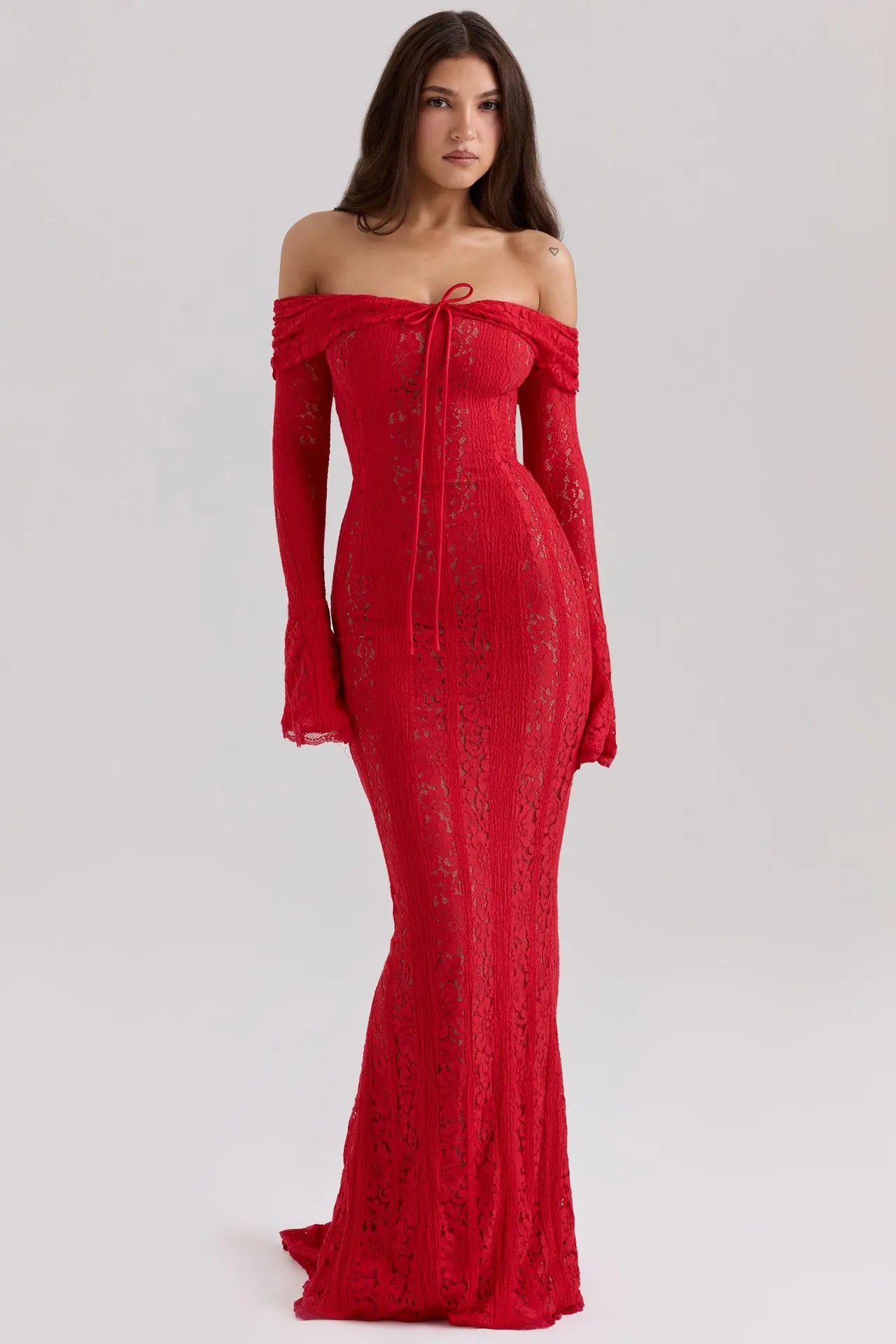 Lace Off-the-Shoulder Maxi Dress, Bell Sleeve Mermaid Formal Gown