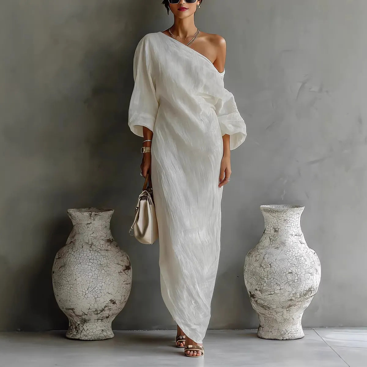 One Shoulder Puff Long Sleeve Ruched Irregular Hem Solid Maxi Dress