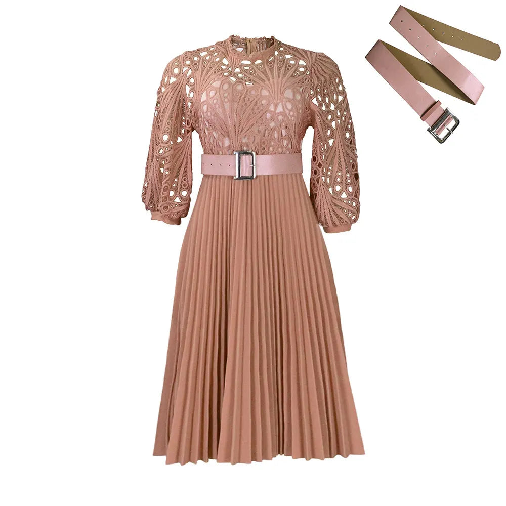 Lace Patchwork Pleated Midi Dress