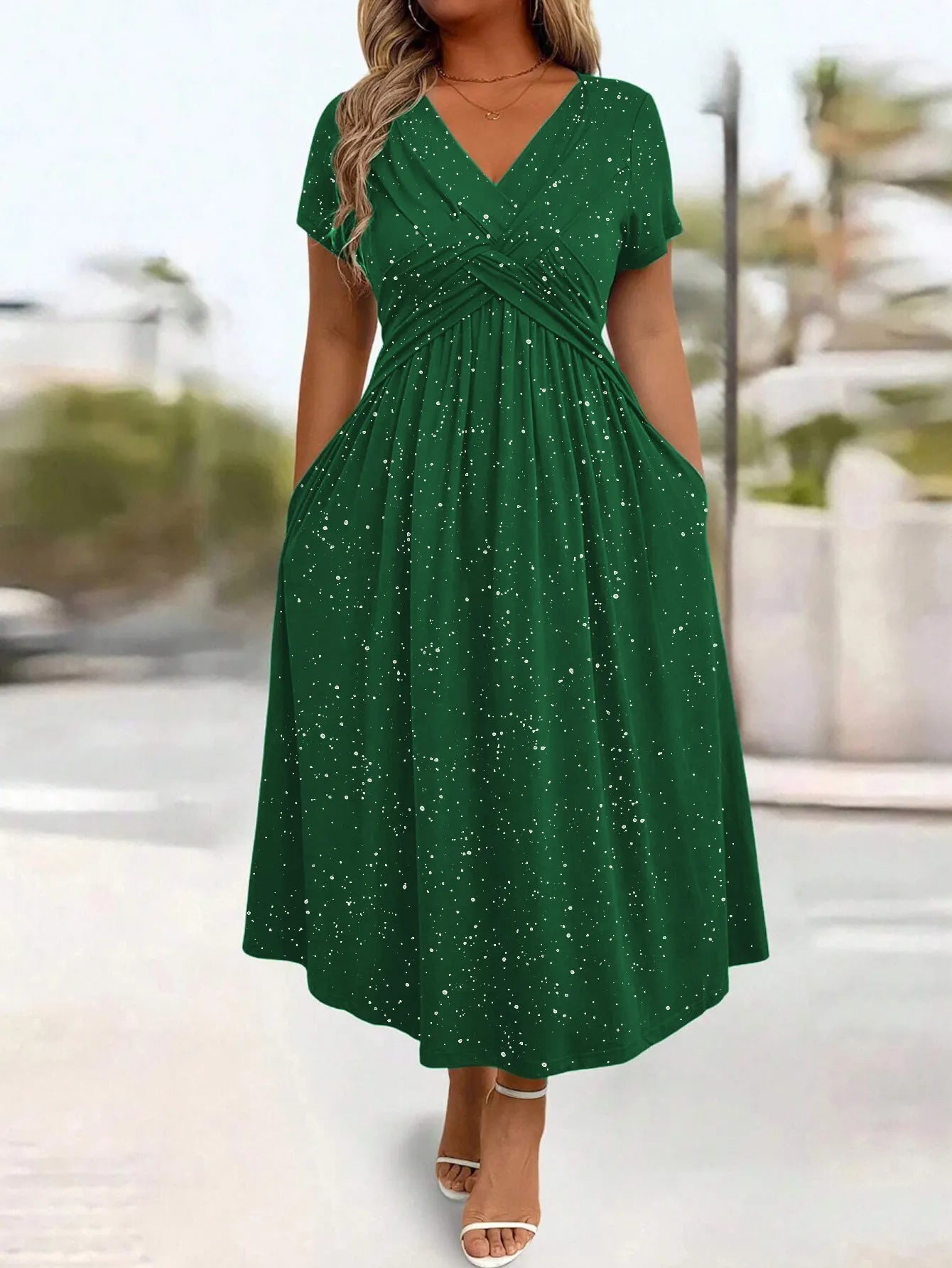 Twist Front A Line Midi Dress, Short Sleeve V-Neck Glitter Dot Print Dress with Pockets