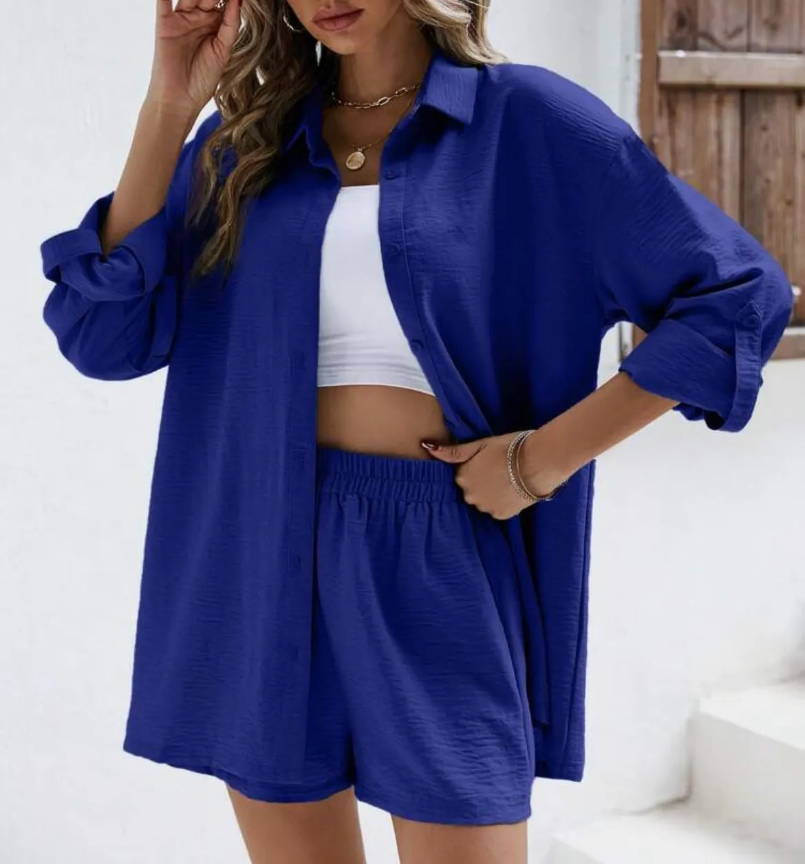 Loose Button Down Shirt & High Waist Shorts Outfit