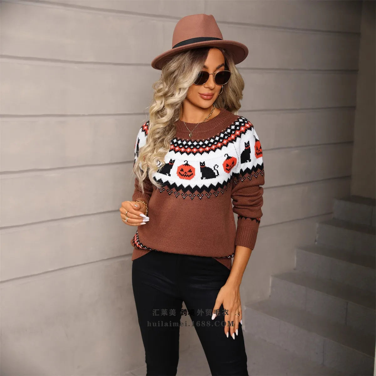 Halloween Black Cat Pumpkin Crew Neck Sweater