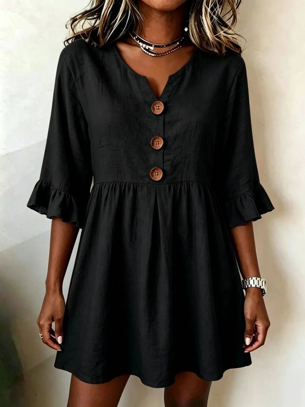 V-Neck Wooden Button Ruffle 3/4 Sleeve Loose Pleated Mini Dress