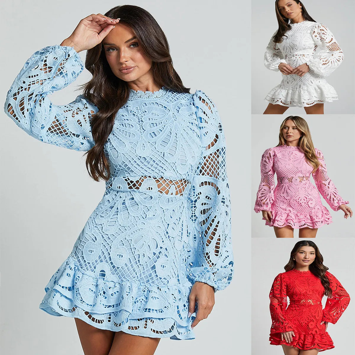 Lace Mini Dress, Cutout Waist Bishop Sleeve Ruffle Hem Party Dress