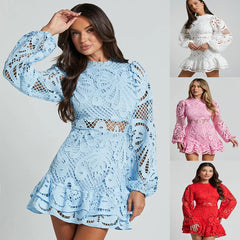 Lace Mini Dress, Cutout Waist Bishop Sleeve Ruffle Hem Party Dress