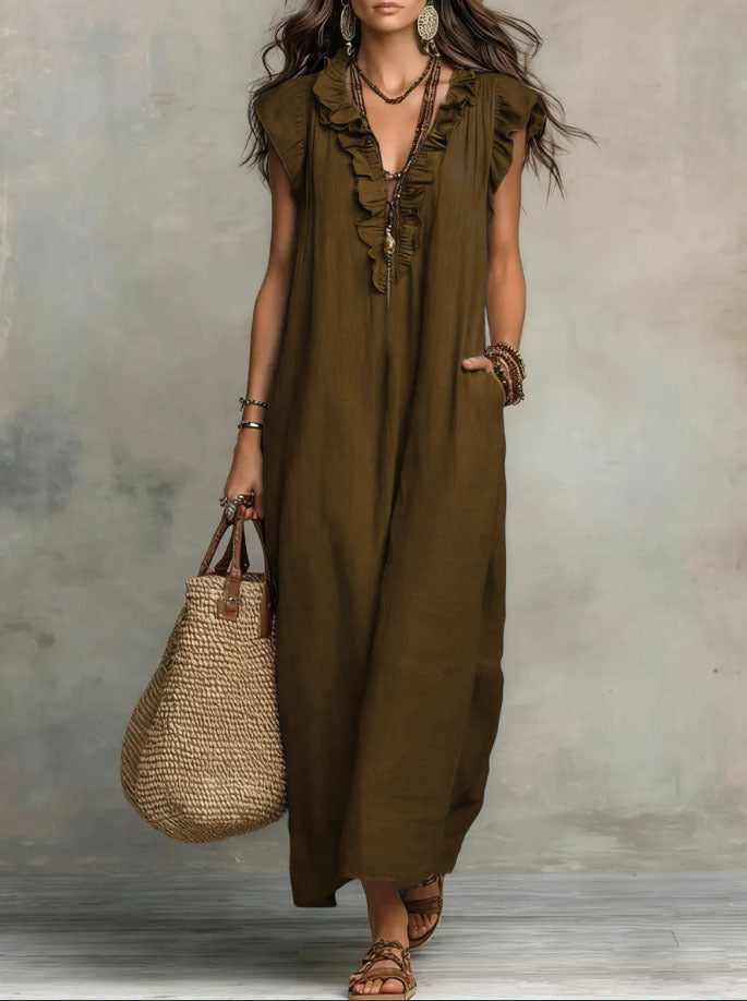 Woven Green Ruffle V-Neck Loose Maxi Dress