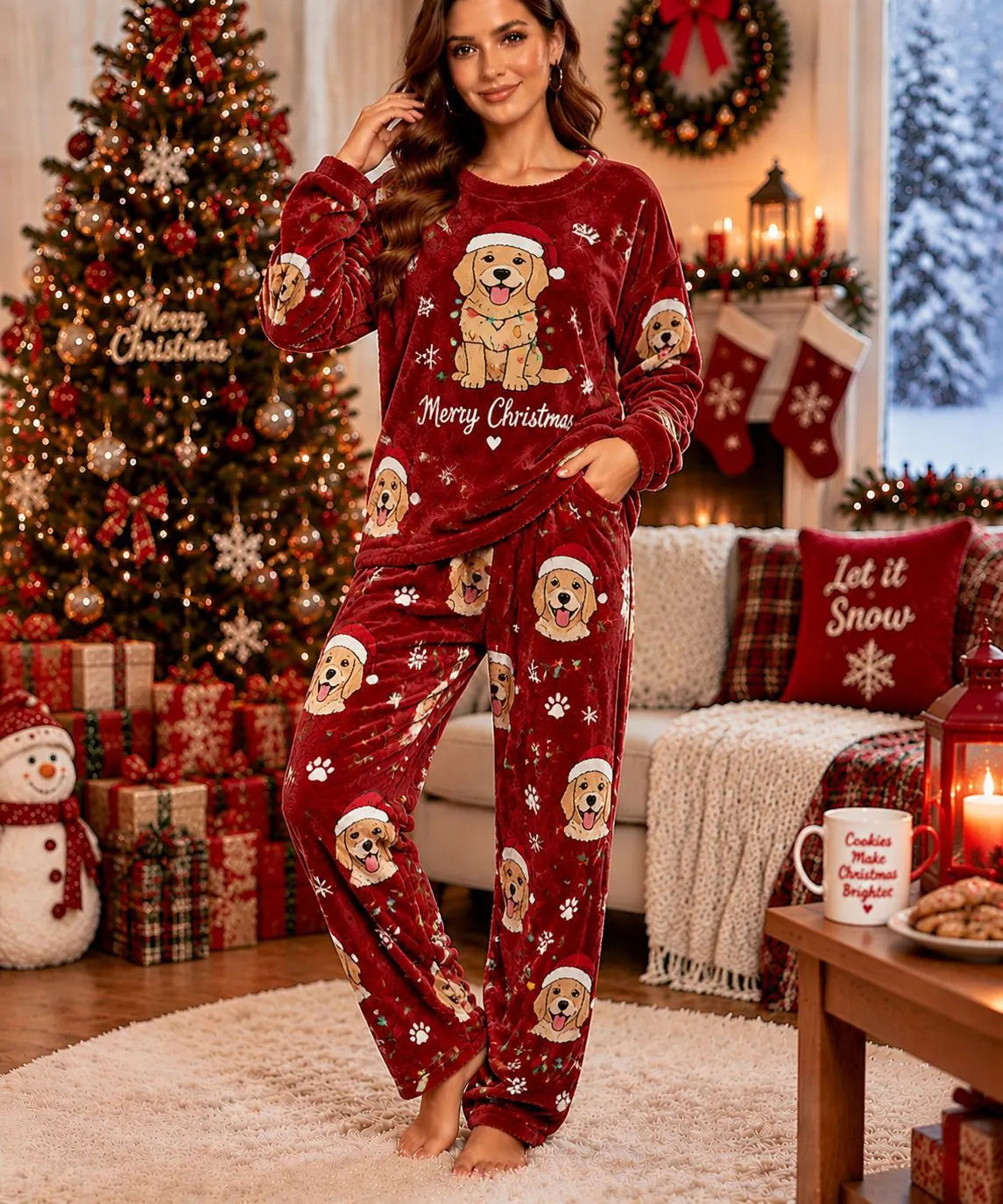 Cute Christmas Snowman Fleece Loungewear Set Round Neck Long Sleeve Top & Elastic Waist Full Length Pants