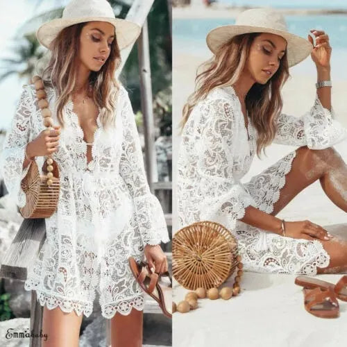V-Neck Long Flare Sleeve Hollow Lace Drawstring Waist Cover-Up Romper Dress