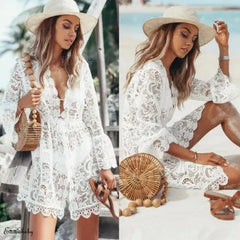 V-Neck Long Flare Sleeve Hollow Lace Drawstring Waist Cover-Up Romper Dress