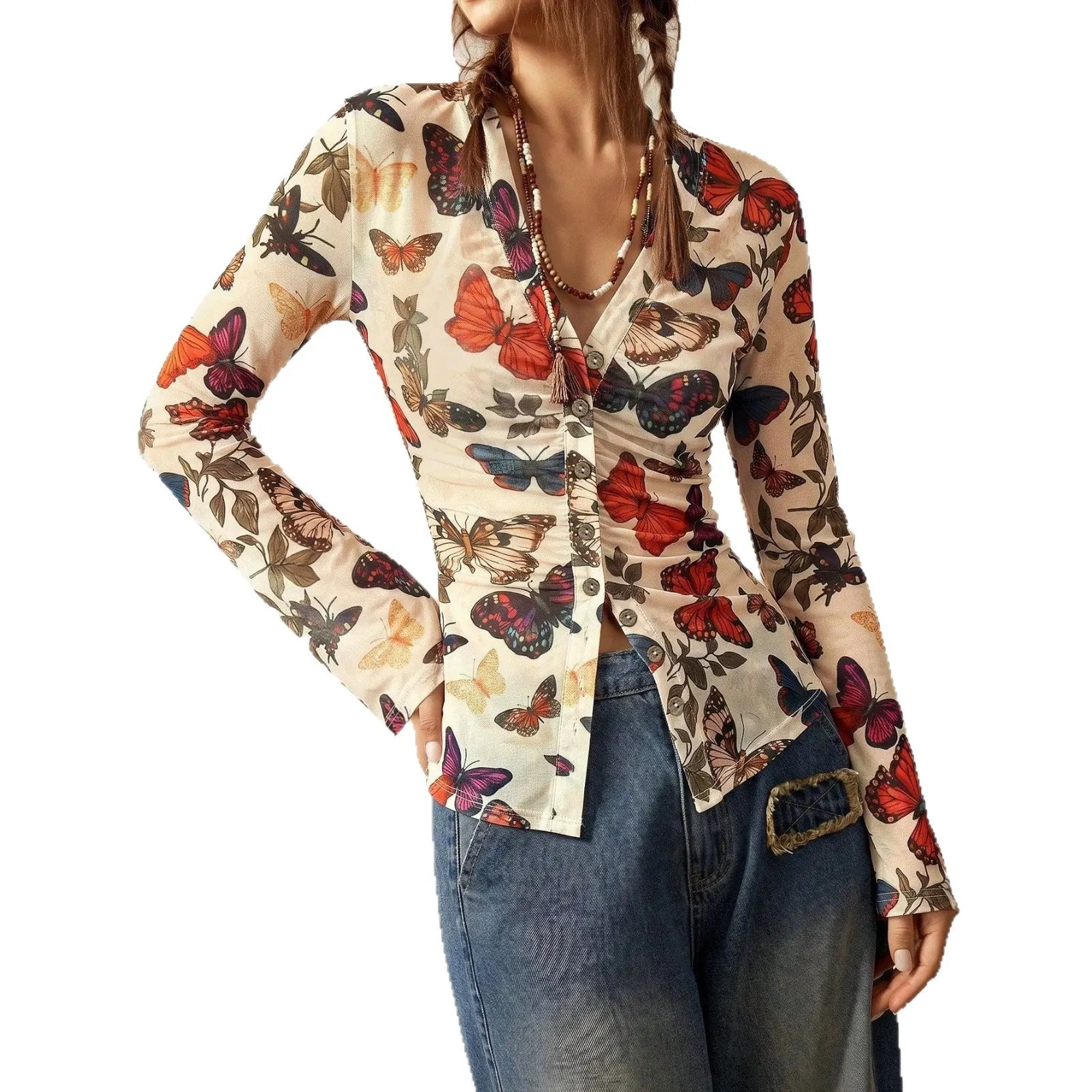 Bohemian Butterfly Printed Long Sleeve Shirt, Y2K Slim V Neck Casual Blouse