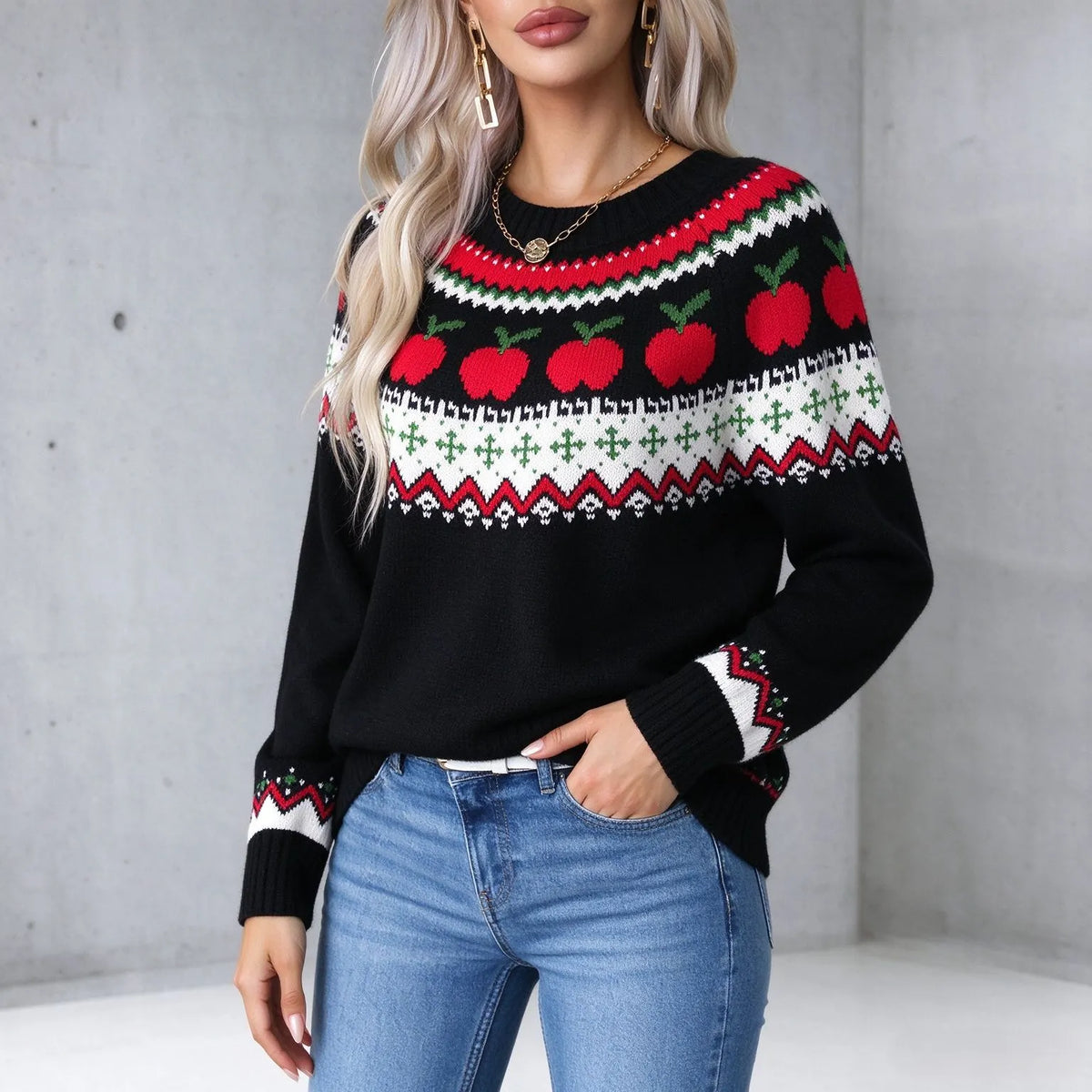 Christmas Cartoon Print Round Neck Pullover Sweater