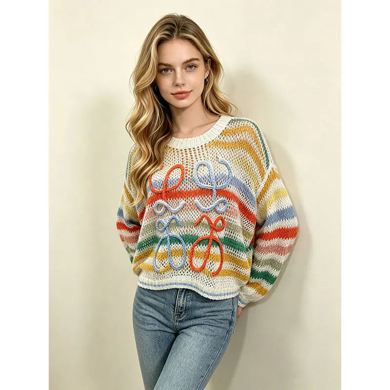 Colorful Stripe Hollow Knit Sweater, 3D Handmade Bow Applique Round Neck Loose Pullover