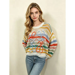 Colorful Stripe Hollow Knit Sweater, 3D Handmade Bow Applique Round Neck Loose Pullover