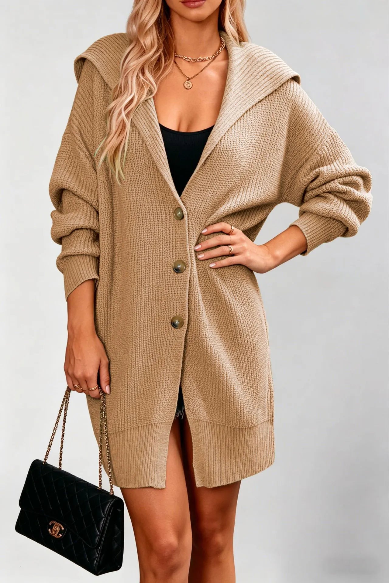 Waffle Knit Lapel Button Midi Pocket Cardigan Sweater