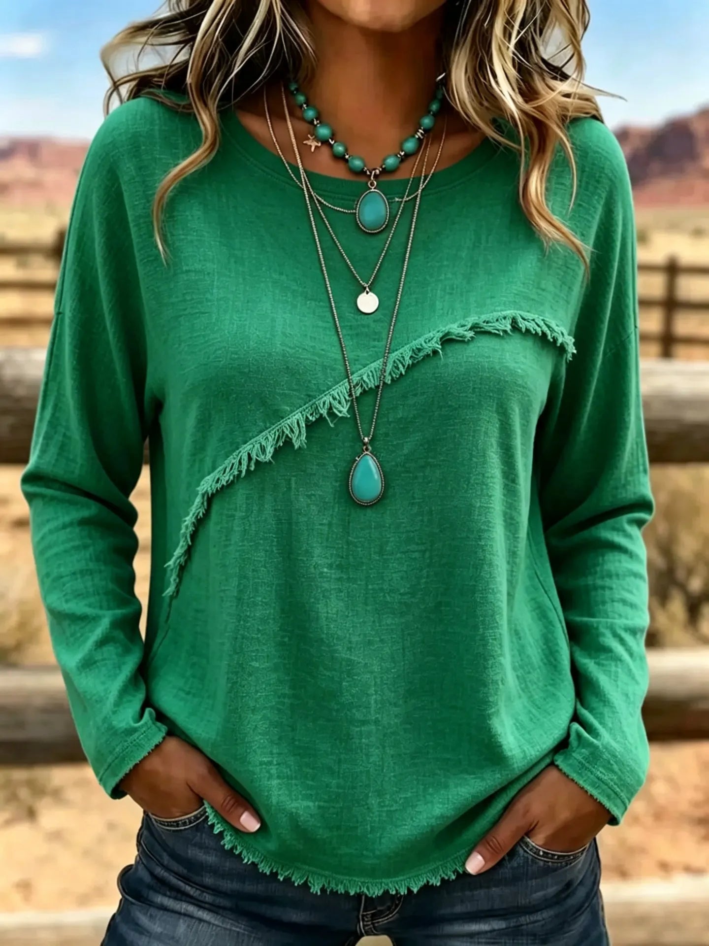 Crew Neck Diagonal Fringe Spliced Long Sleeve Polyester Casual Top
