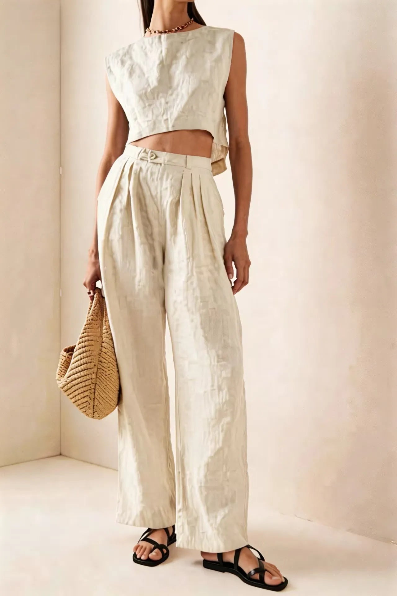 Sleeveless Crop Top & High-Waist Wide-Leg Pants Set