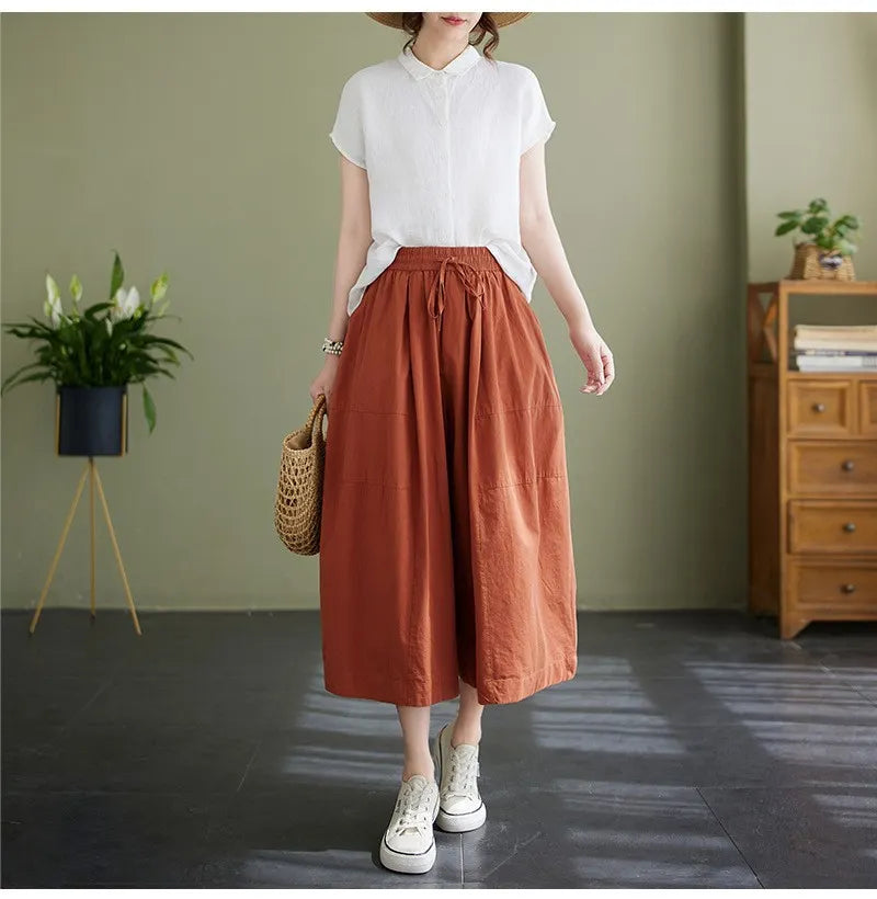 Elastic Waist Pocket Loose Wide Leg Cropped Casual Pants