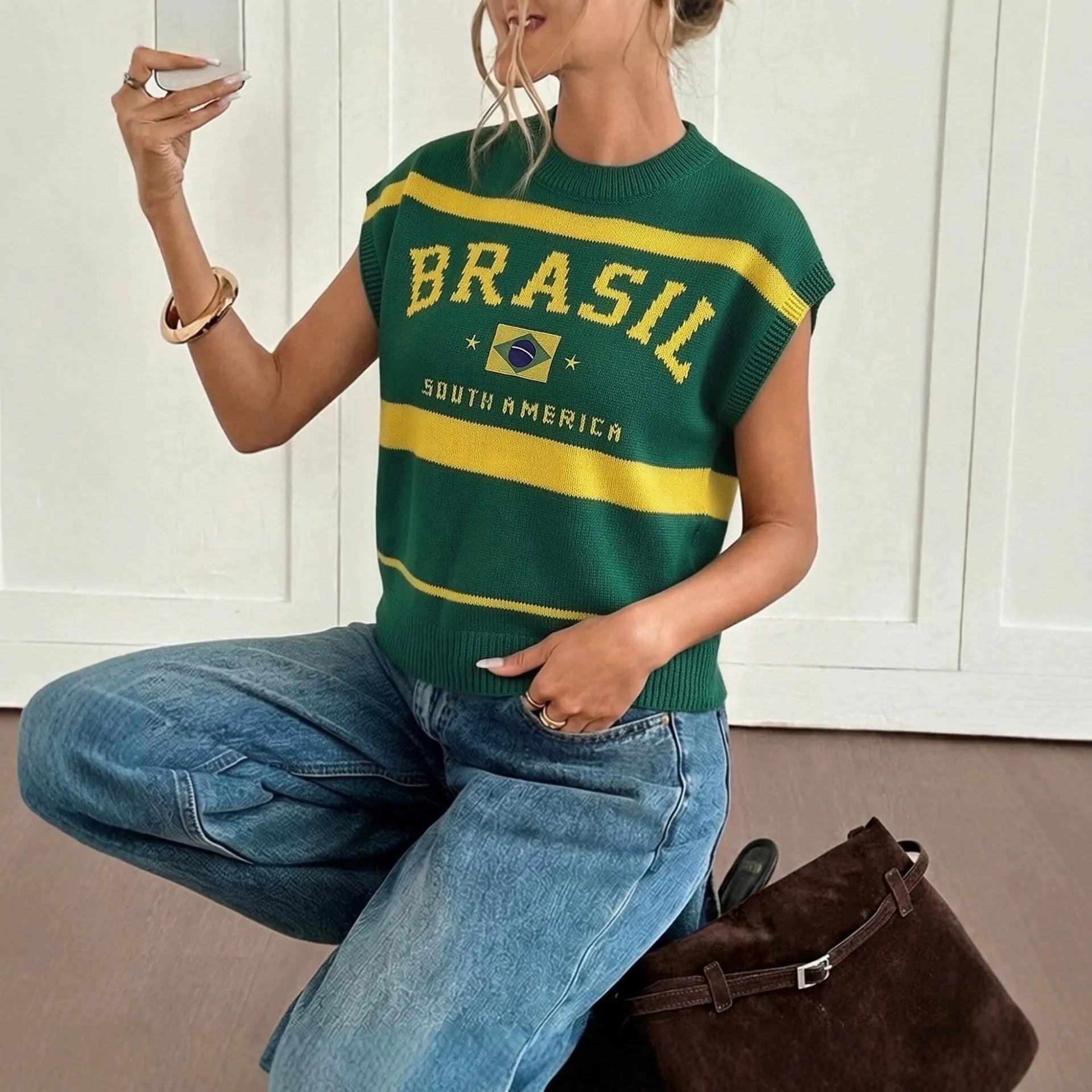 Brazil Flag Embroidered Round Neck Sleeveless Knit Sweater Vest
