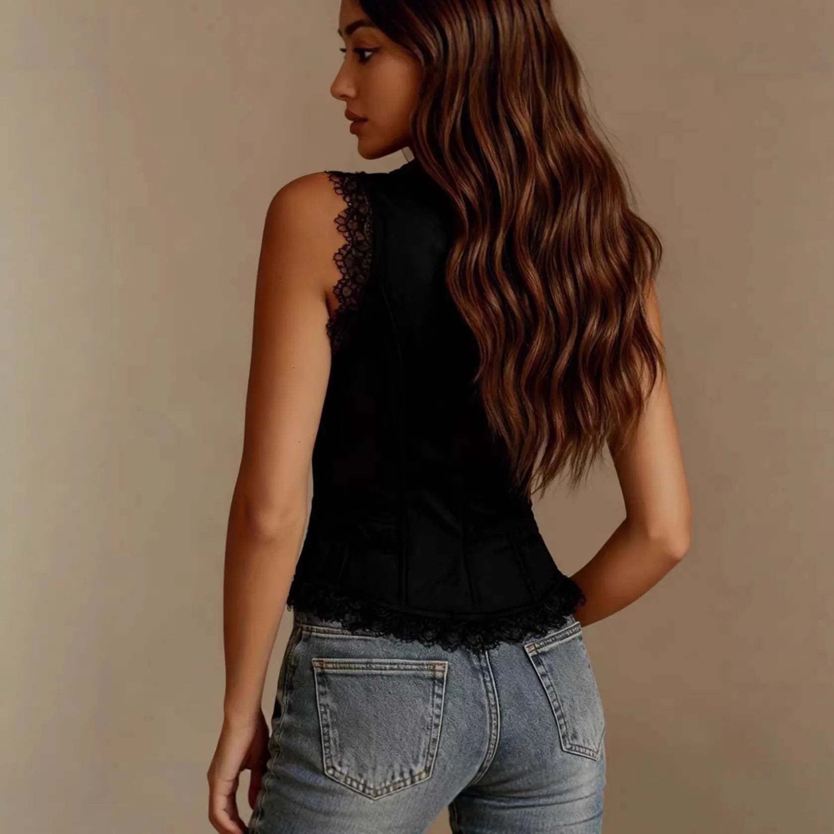 Lace Splicing Deep V Neck Single Breasted Sleeveless Cropped Retro Vest Top