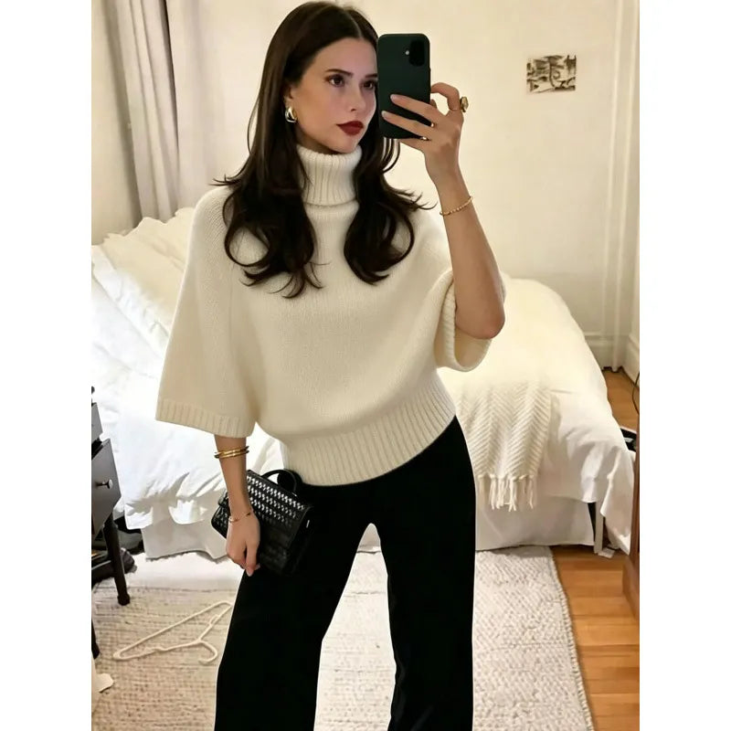 Oversized Chunky Knit Turtleneck Jumper Ladies Drop Shoulder Puff Sleeve Sweater, Long Sleeve / 5 Point Sleeve