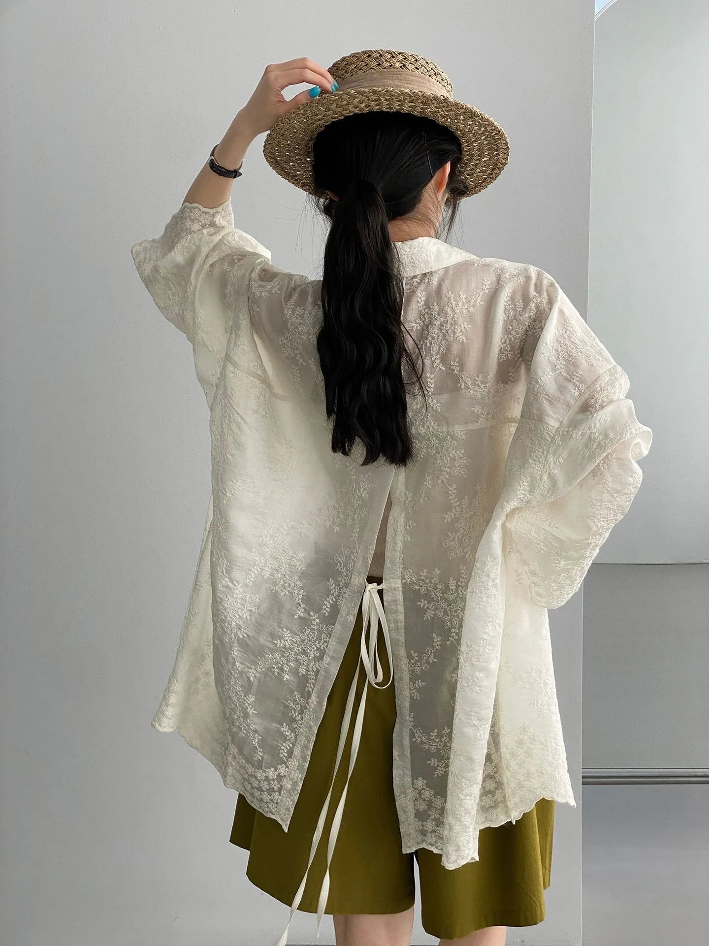 Floral Embroidery Back Tie Sheer Bubble Long Sleeve Oversized Shirt