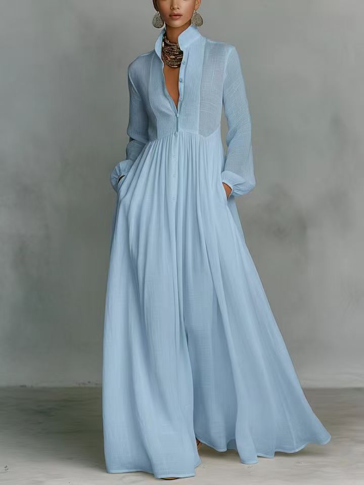White Stand Collar Pleated Long Sleeve Maxi Shirt Dress