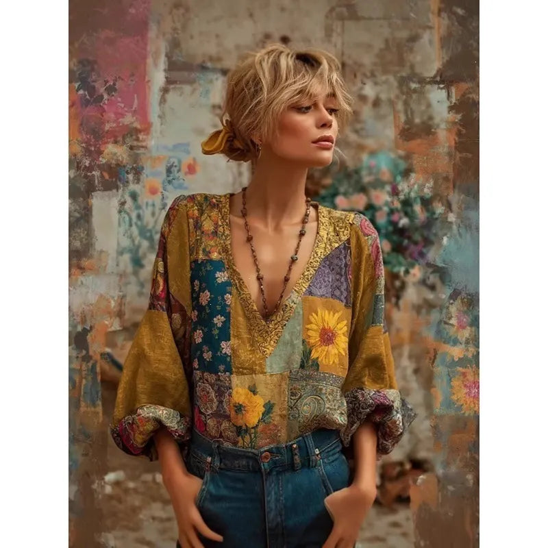 3D Digital Print V-Neck Lantern Long Sleeve Retro Casual Blouse