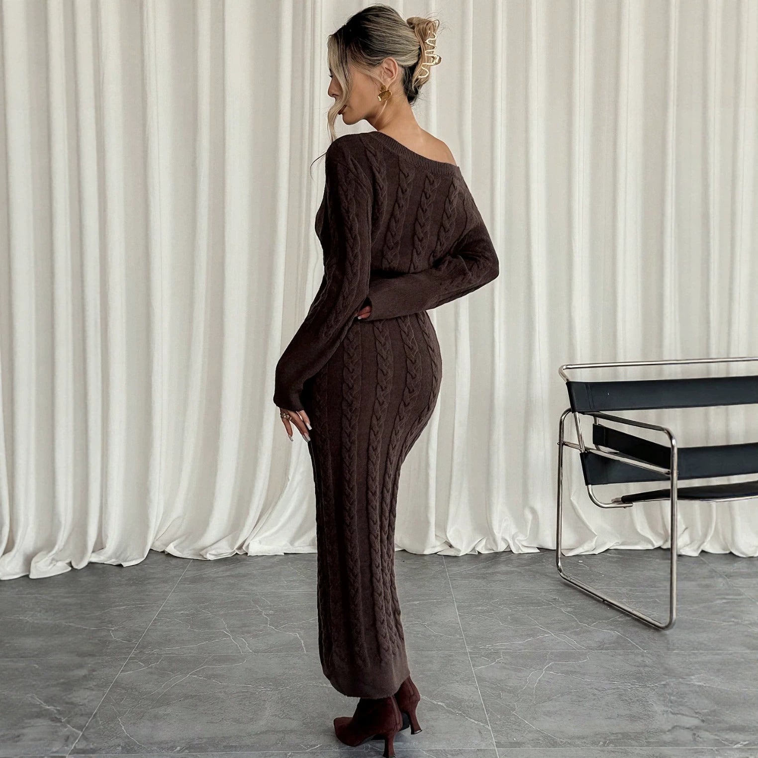 Slash Neck Cable Knit Bodycon Dress, Ladies Long Sleeve Off Shoulder Warm Knitted Midi Dress