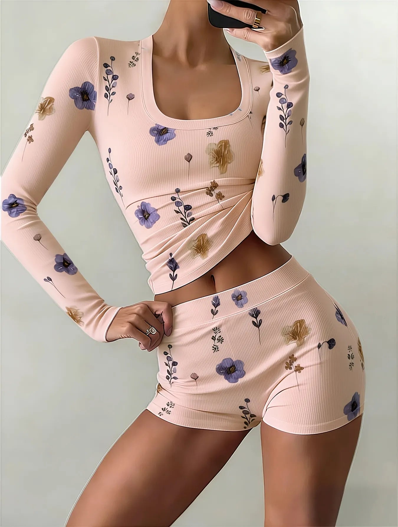 Floral Print Cutout Long Sleeve Top & Shorts Pajama Set