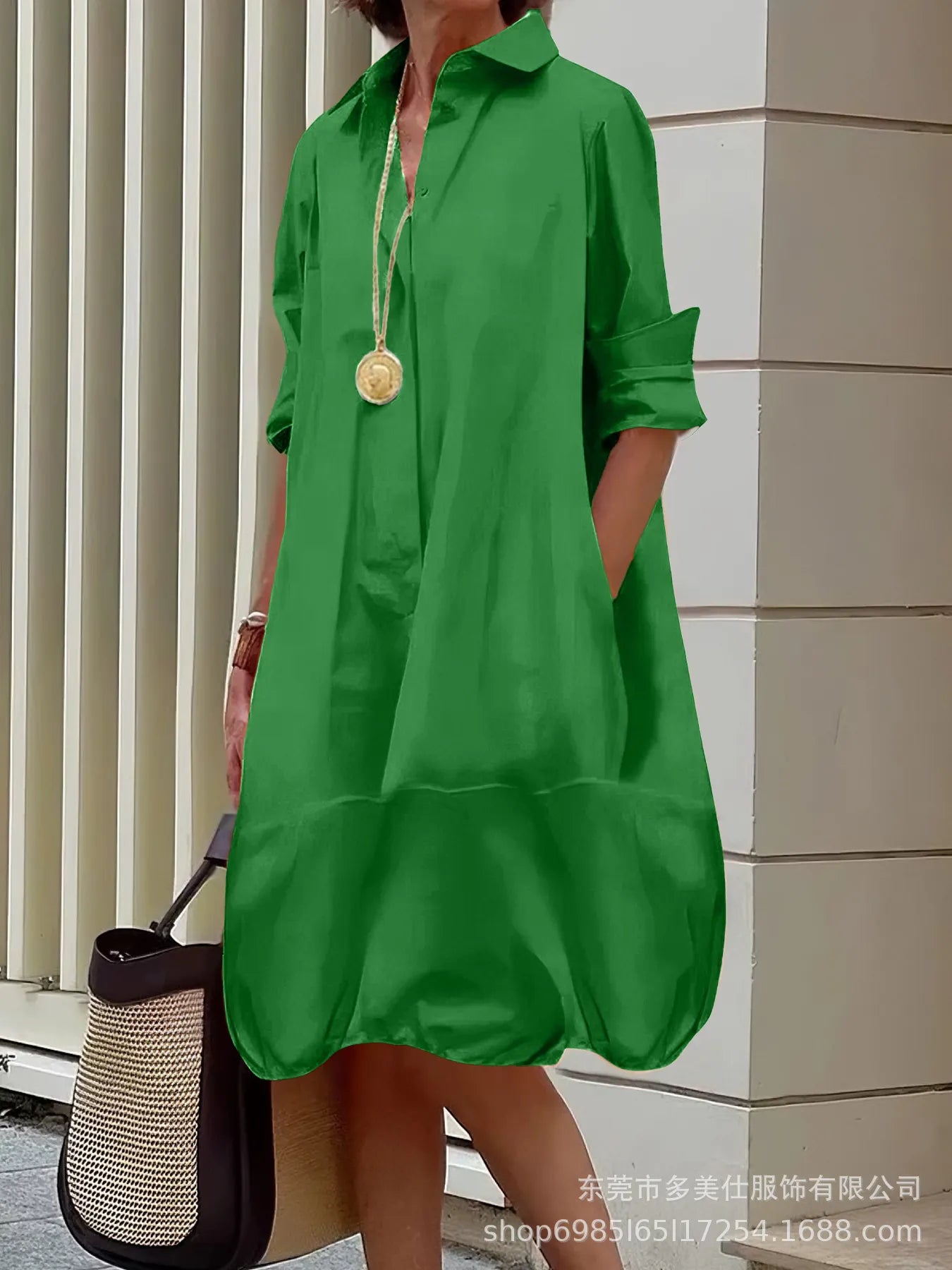 Solid Color Button Front Pocket Shirt Midi Dress