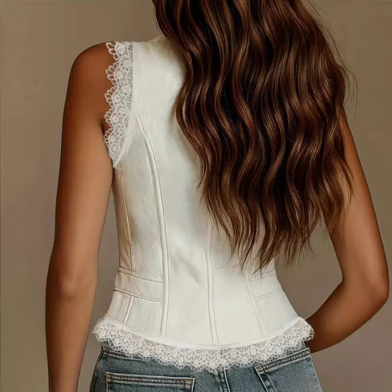 Lace Splicing Deep V Neck Single Breasted Sleeveless Cropped Retro Vest Top