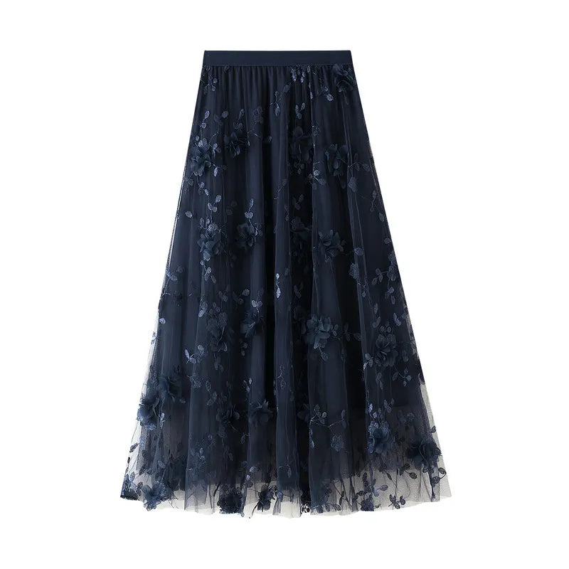 3D Floral Embroidered Tulle Maxi Skirt