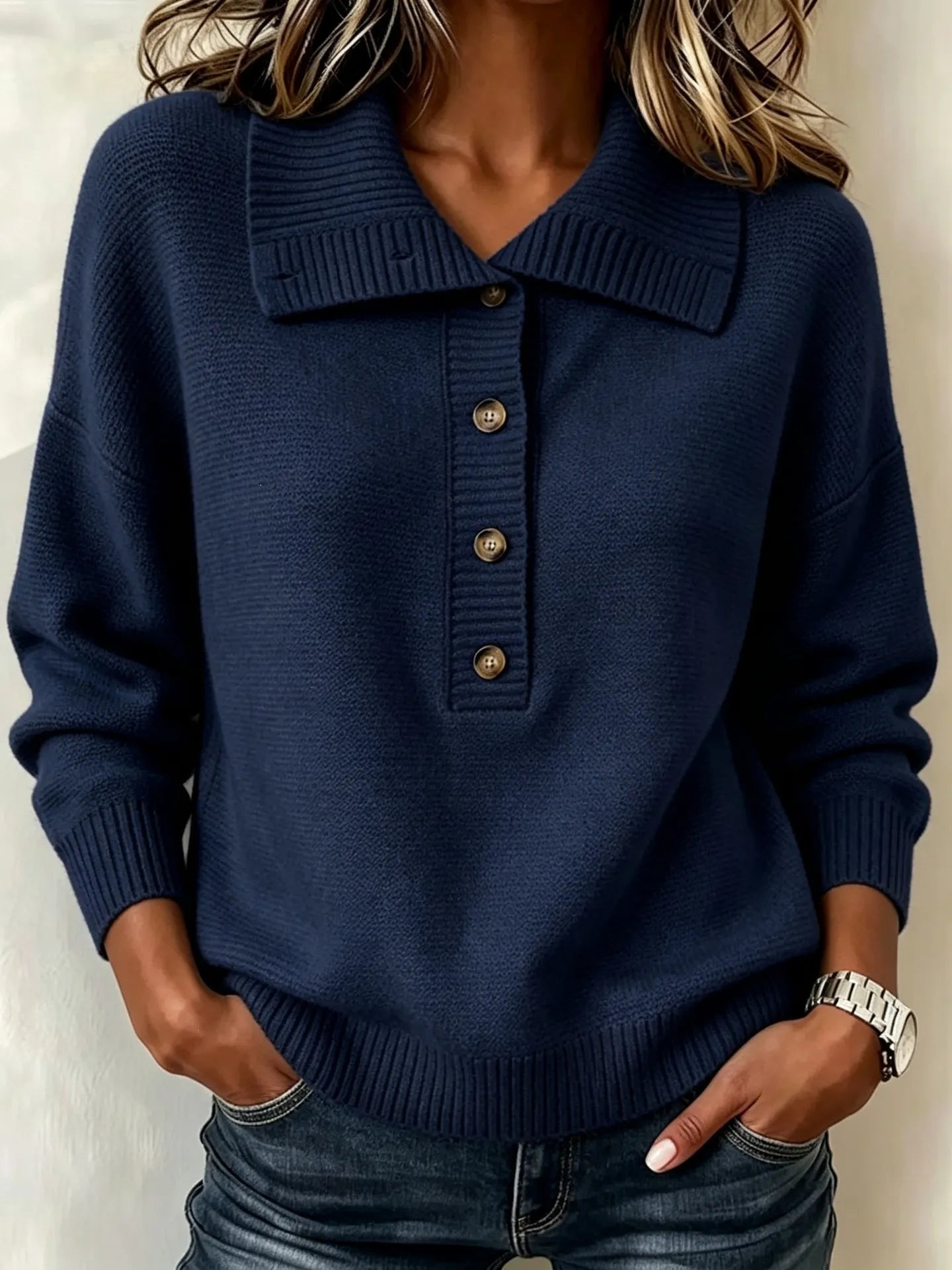 Casual Lapel Collar Knit Pullover, Soft Loose Fit Half Button Long Sleeve Sweater for Fall Winter