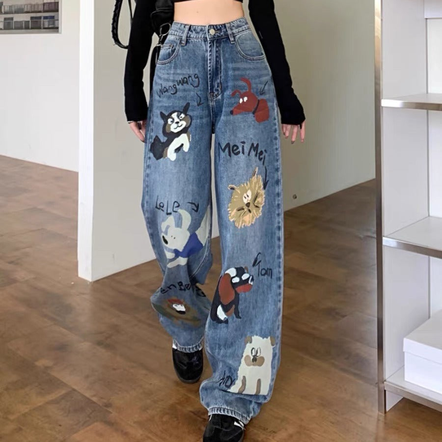 High Waist Animal Graphic Baggy Jeans, Cute Puppy Print Wide Leg Denim Trousers