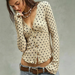 Retro Polka Dot V-Neck Long Sleeve Top, Lace Edge Button Front Slim Blouse