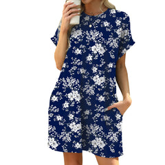 Round Neck Floral Print Loose A-Line Mini Dress With Side Pockets Casual Campus Daily Commuter Dress