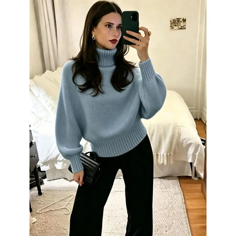 Oversized Chunky Knit Turtleneck Jumper Ladies Drop Shoulder Puff Sleeve Sweater, Long Sleeve / 5 Point Sleeve