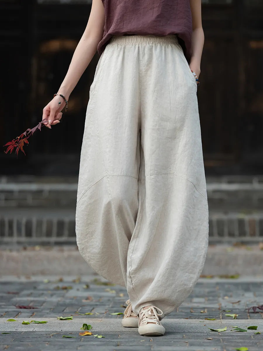 Matching Flowy Linen Elastic Drawstring Waist Spliced Retro Zen Loose Harem Long Casual Daily Outfit Pants