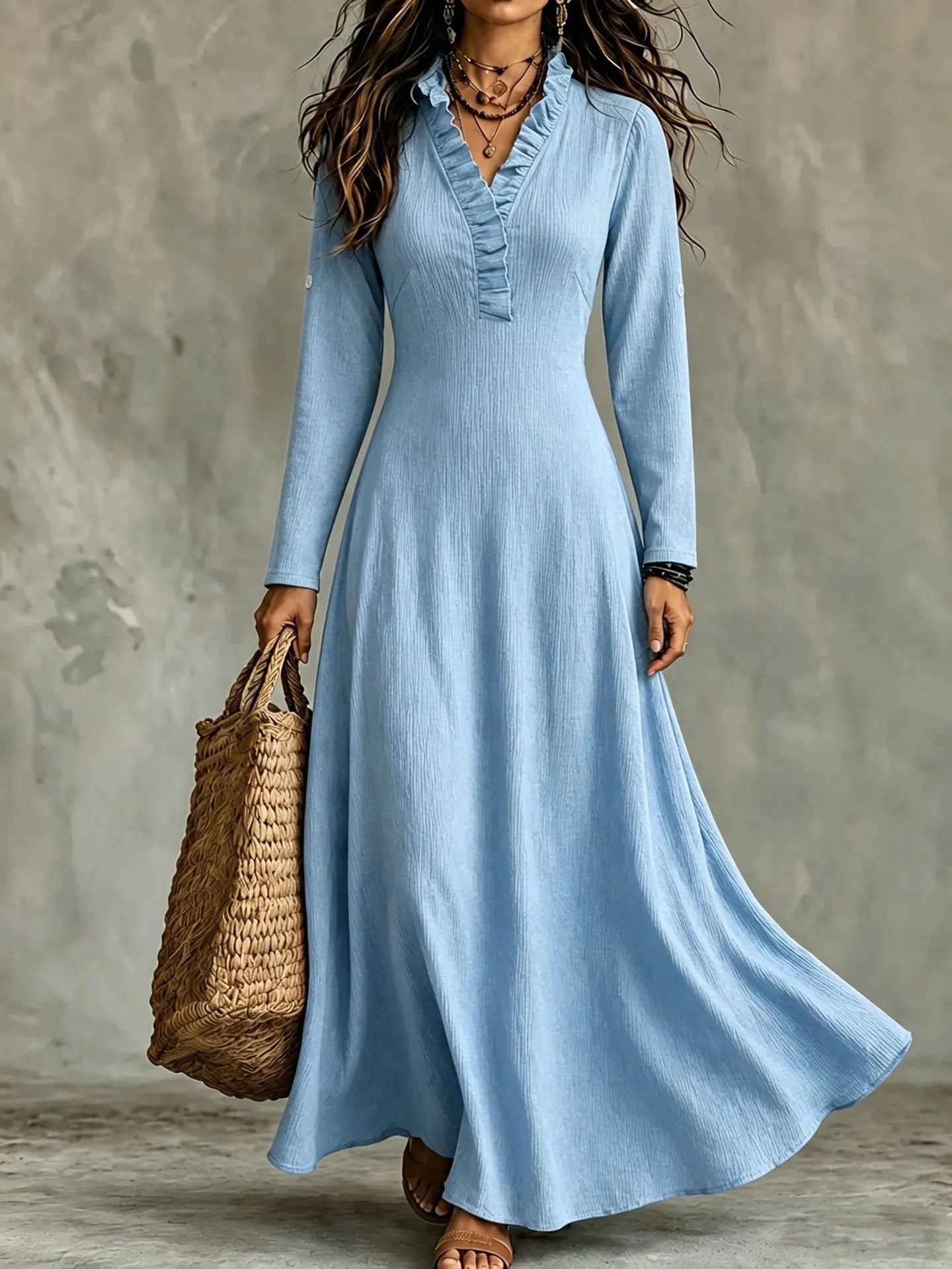 Olive Green Ruffled V-Neck Long Sleeve Flowy Maxi Dress