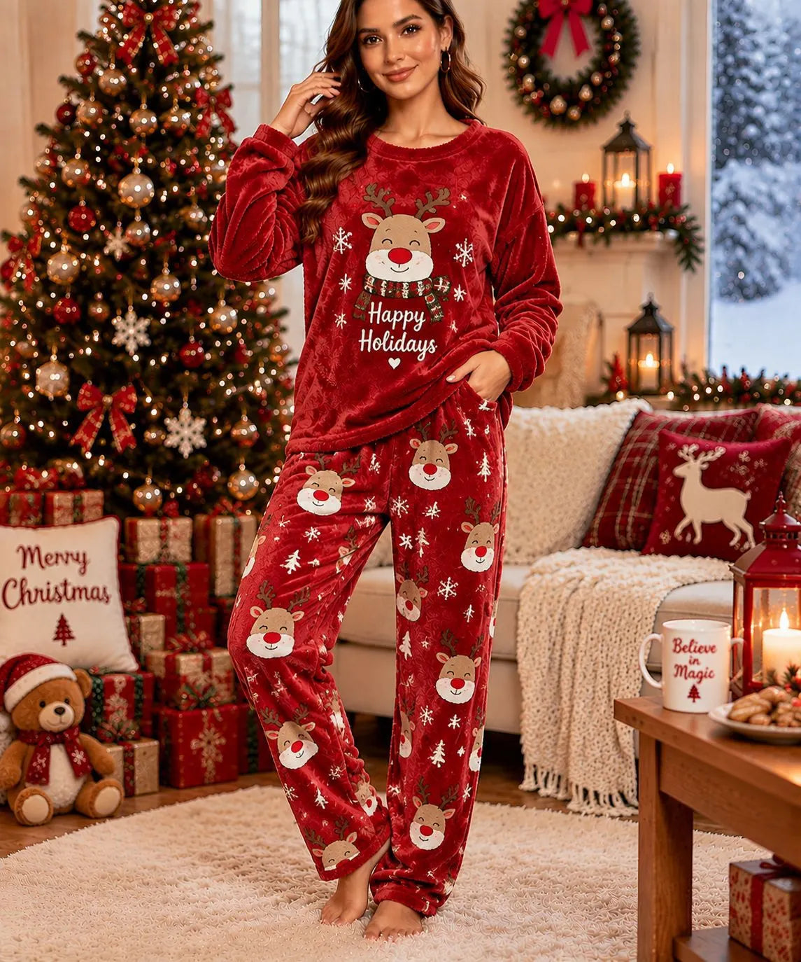 Cute Christmas Snowman Fleece Loungewear Set Round Neck Long Sleeve Top & Elastic Waist Full Length Pants