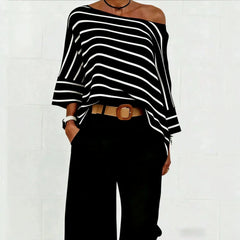 Striped Asymmetric Off Shoulder Loose Short Sleeve Milk Silk T-Shirt
