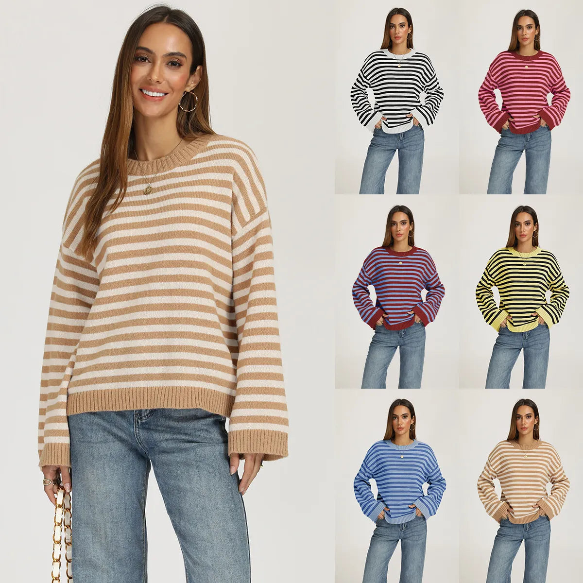 Bold Stripe Knit Pullover Crew Neck Drop Shoulder Loose Fit Fall Sweater
