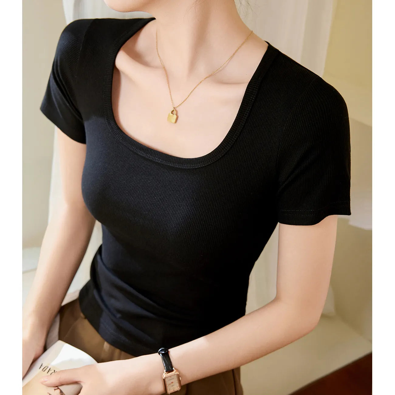 Square Neck Ribbed Short Sleeve T-Shirt,