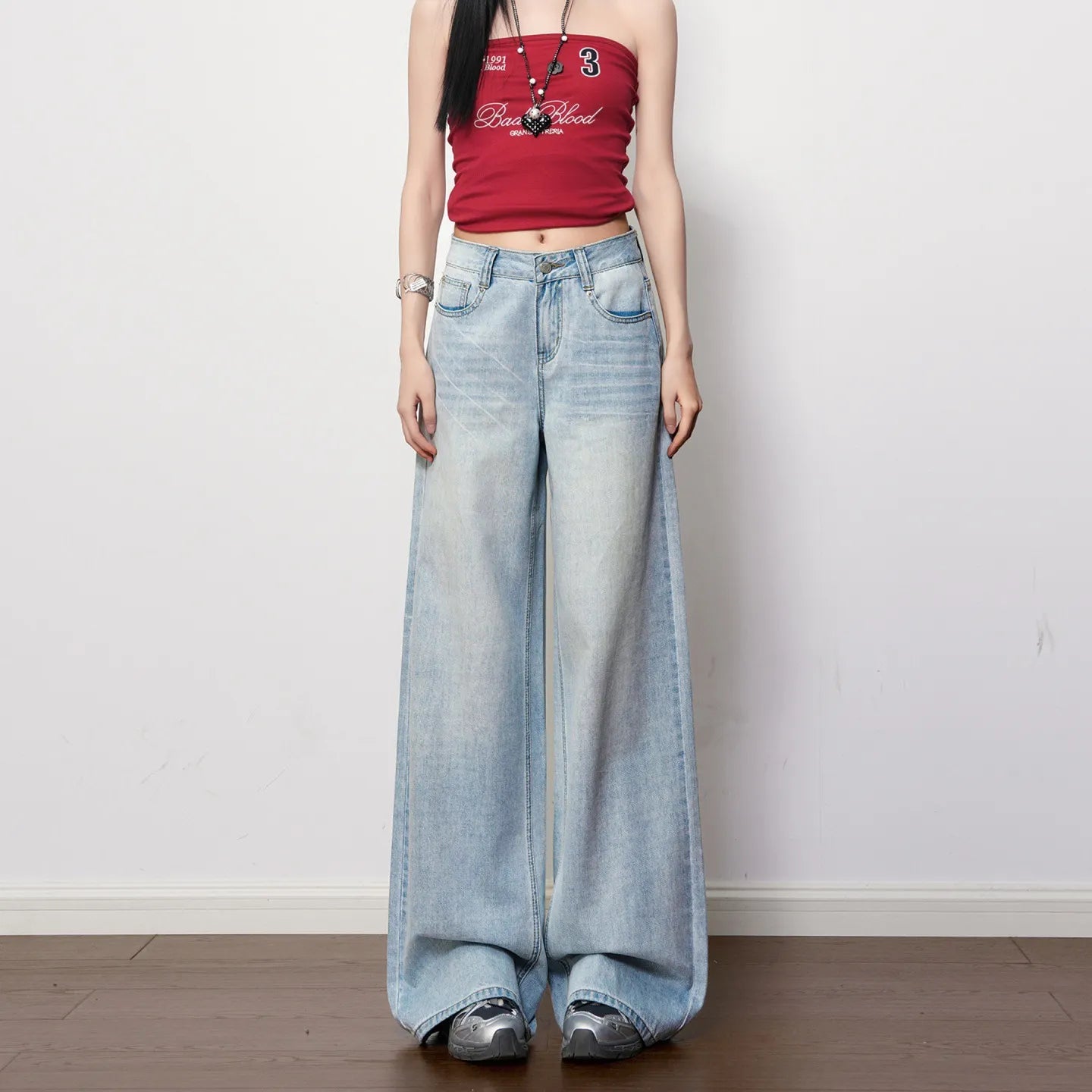 Ultra Low Waist Non-Stretch Retro Wide Leg Denim Jeans