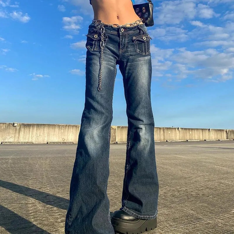 Y2K Dark Blue Multi Pocket Chain Decor Flared Jeans