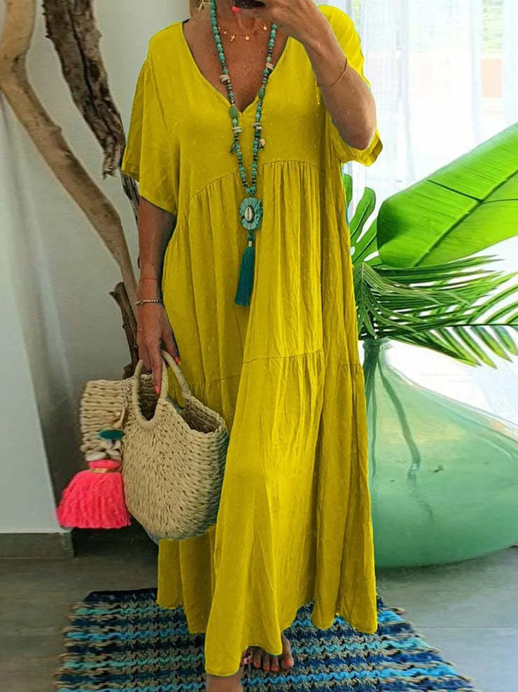 Solid Color V-Neck Short Sleeve Loose Tiered Maxi Dress