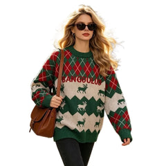 Christmas Reindeer Argyle Knit Sweater, Vintage Fair Isle Crew Neck Oversized Pullover Jumper