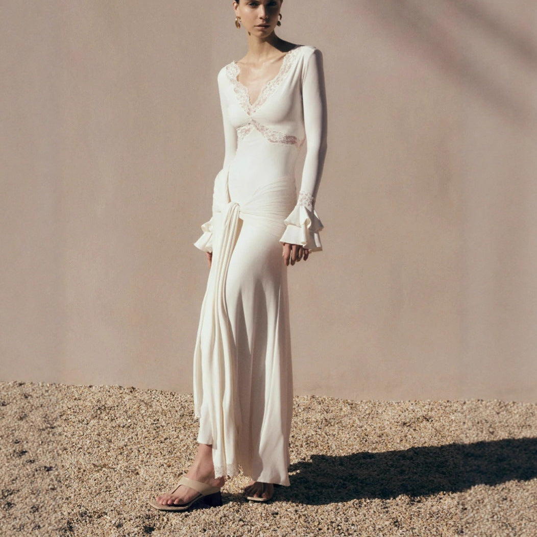 White Lace Maxi Dress, V-Neck Bell Sleeve Bodycon Bridal Gown